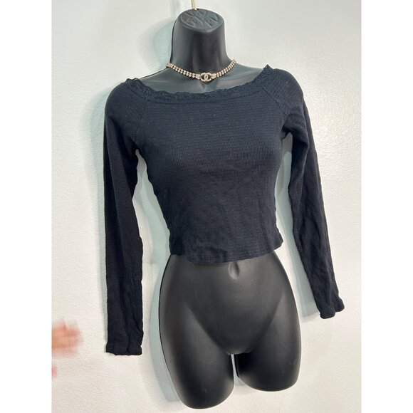 Off-Shoulder Black Crop Top Outlaw Womens L Ribbed Knit Long Sleeve - Picture 2 of 8